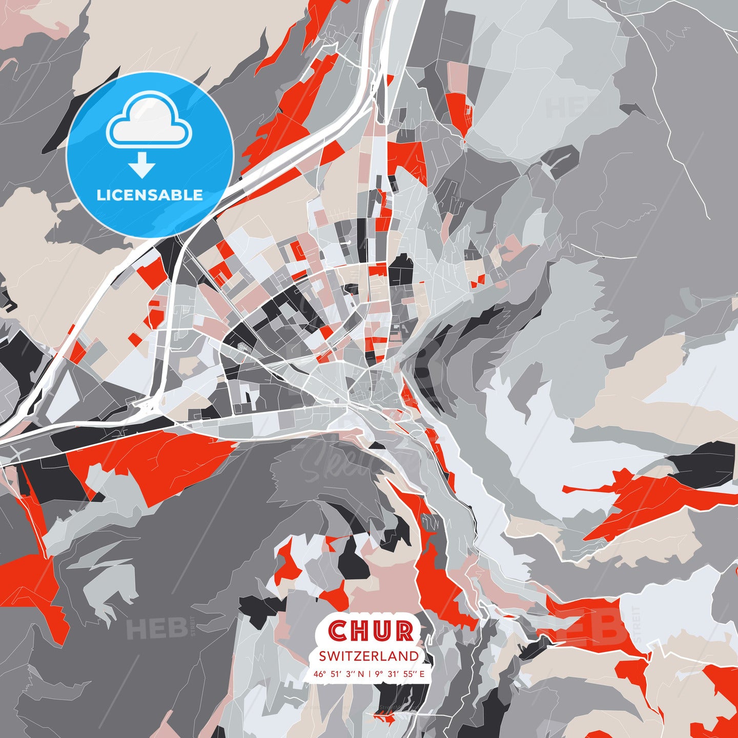 Chur, Switzerland, modern map - HEBSTREITS Sketches