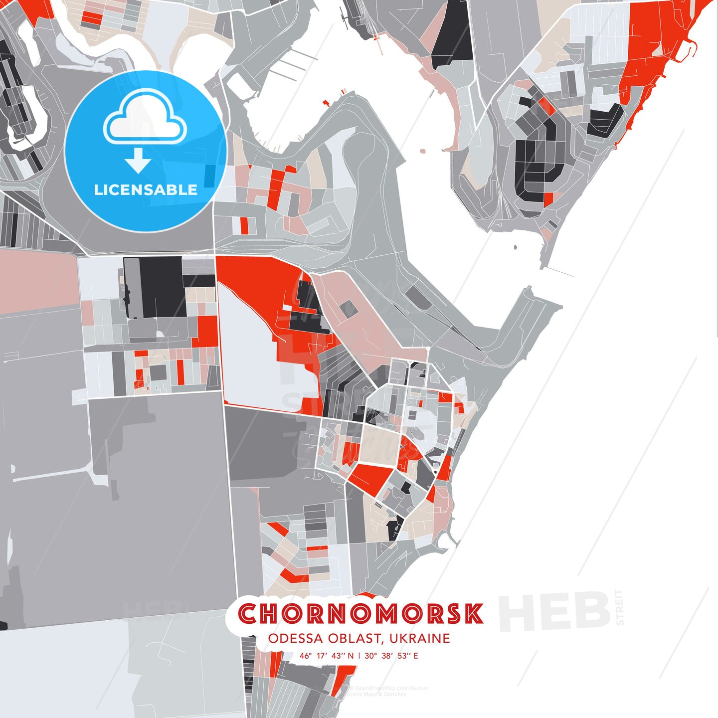 Chornomorsk, Odessa Oblast, Ukraine, modern map - HEBSTREITS Sketches