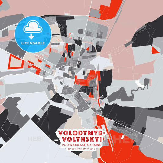 Volodymyr-Volynskyi, Volyn Oblast, Ukraine, modern map - HEBSTREITS Sketches