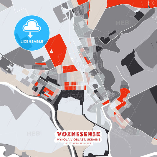 Voznesensk, Mykolaiv Oblast, Ukraine, modern map - HEBSTREITS Sketches