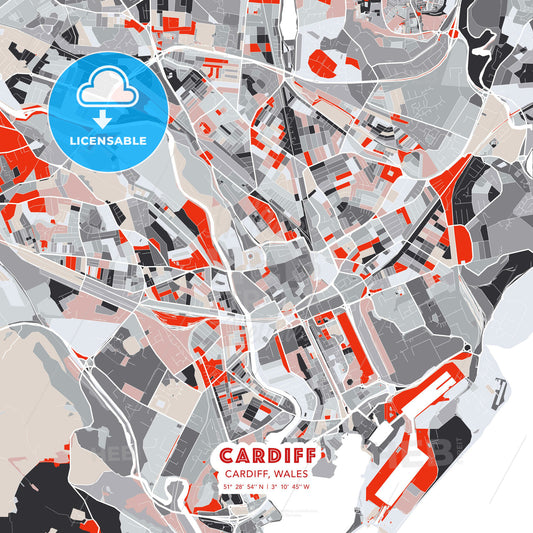 Cardiff, Cardiff, Wales, modern map - HEBSTREITS Sketches