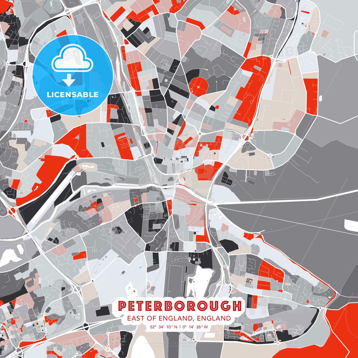 Peterborough, East of England, England, modern map - HEBSTREITS Sketches