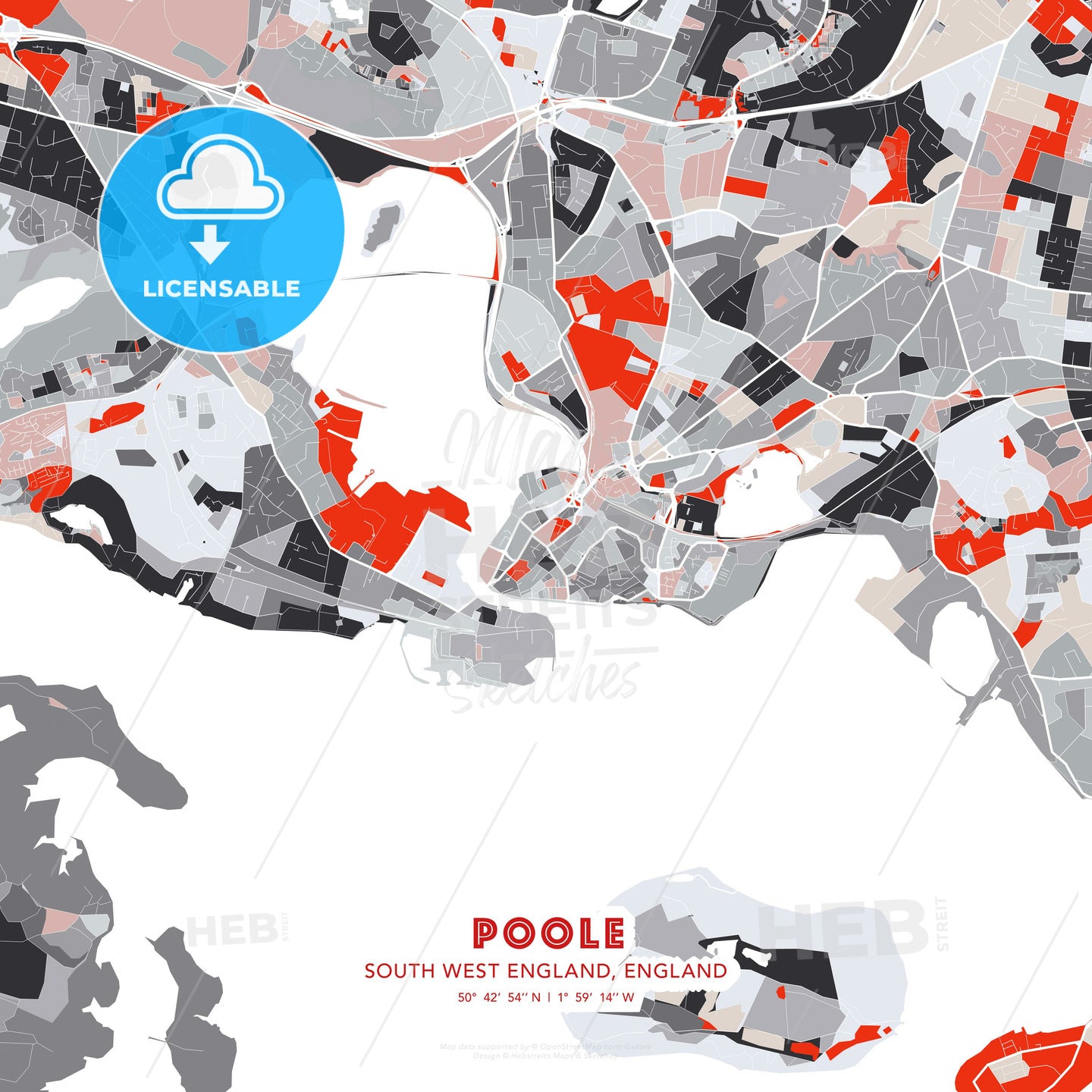 Poole, South West England, England, modern map - HEBSTREITS Sketches