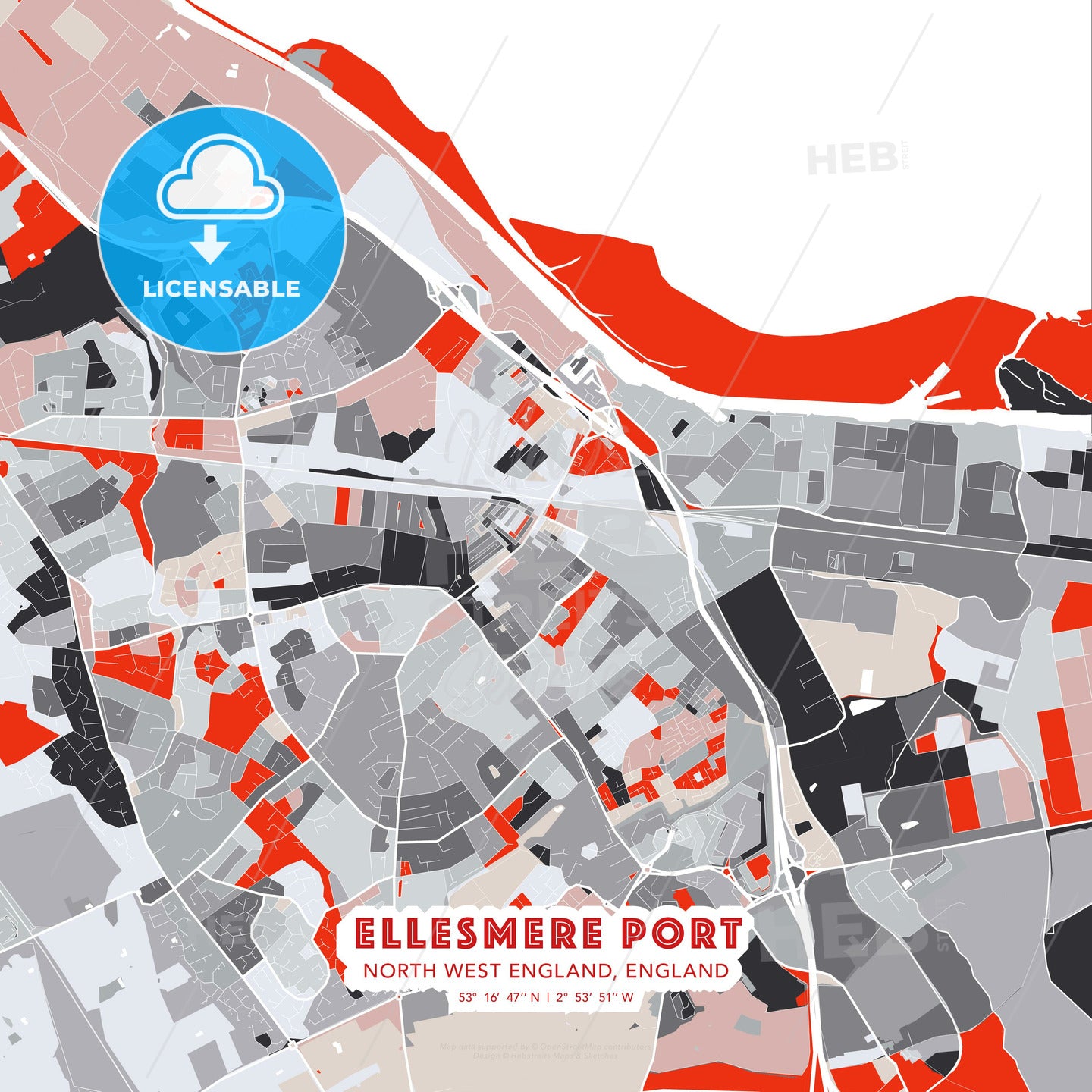 Ellesmere Port, North West England, England, modern map - HEBSTREITS Sketches