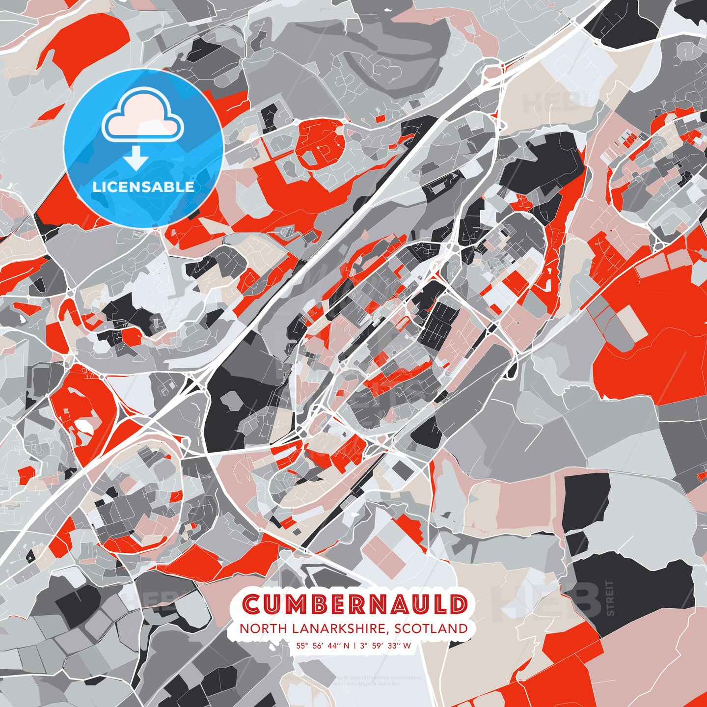 Cumbernauld, North Lanarkshire, Scotland, modern map - HEBSTREITS Sketches