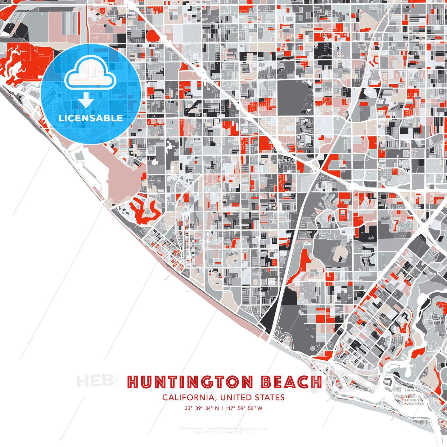 Huntington Beach, California, United States, modern map - HEBSTREITS Sketches