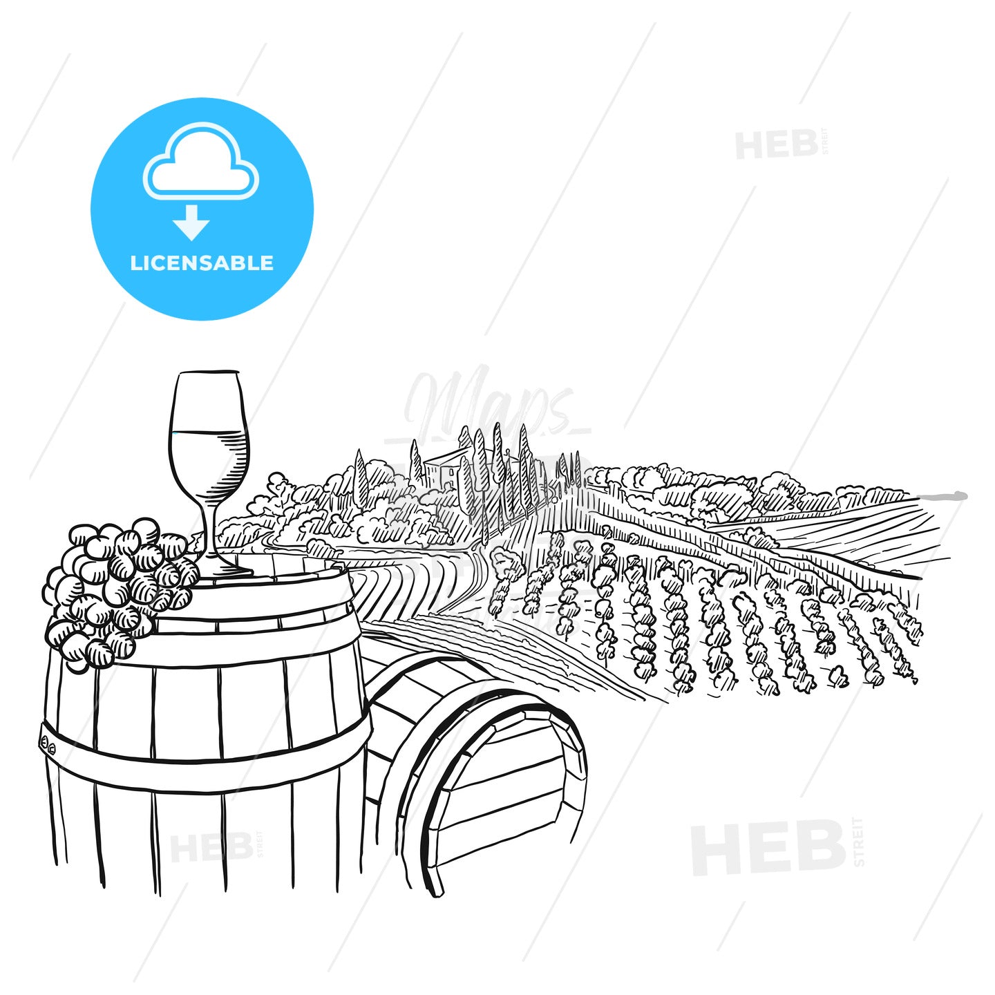 vineyard landscape with glass illustration – instant download