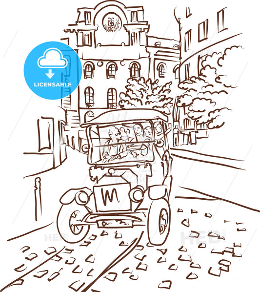 Vintage Car In City Sketch