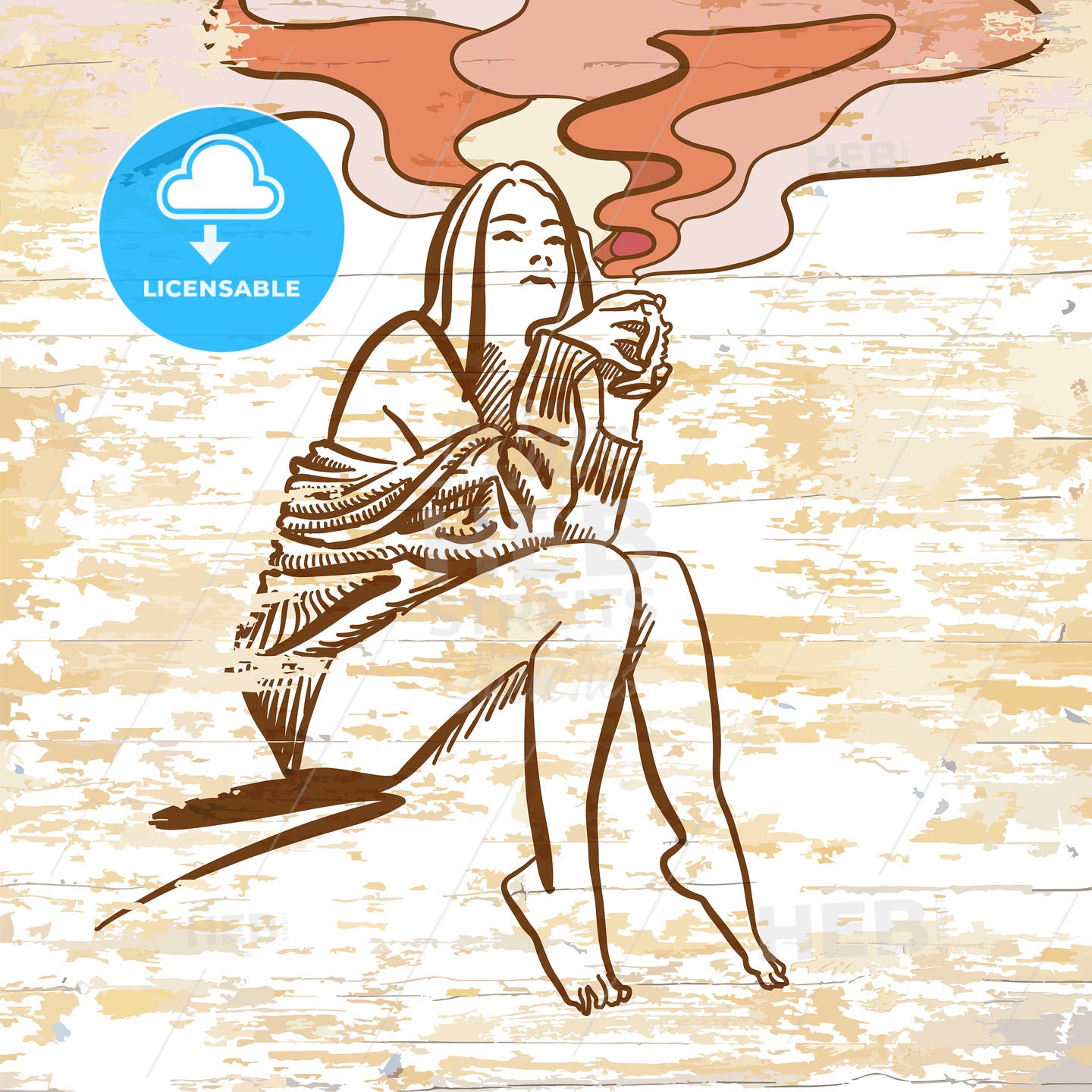 vintage girl drinking coffee drawing – instant download